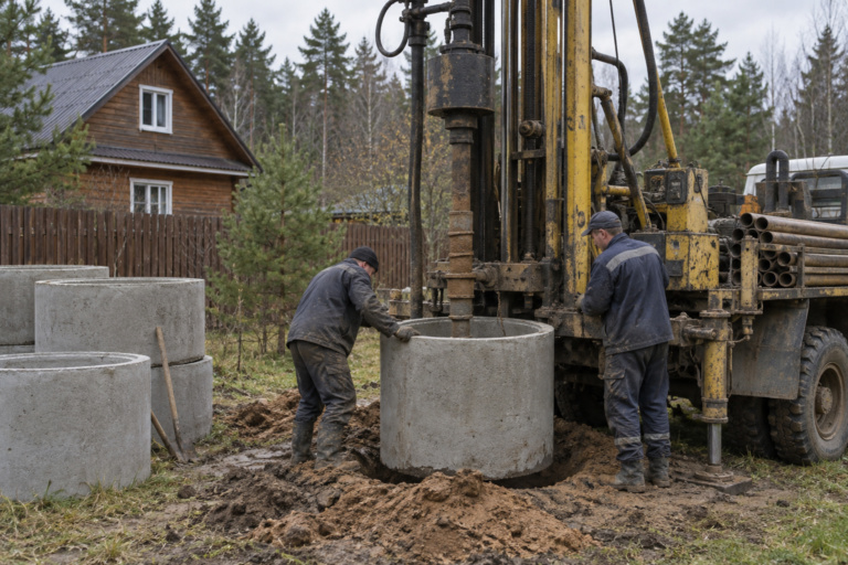 Бурильная установка на участке у дома